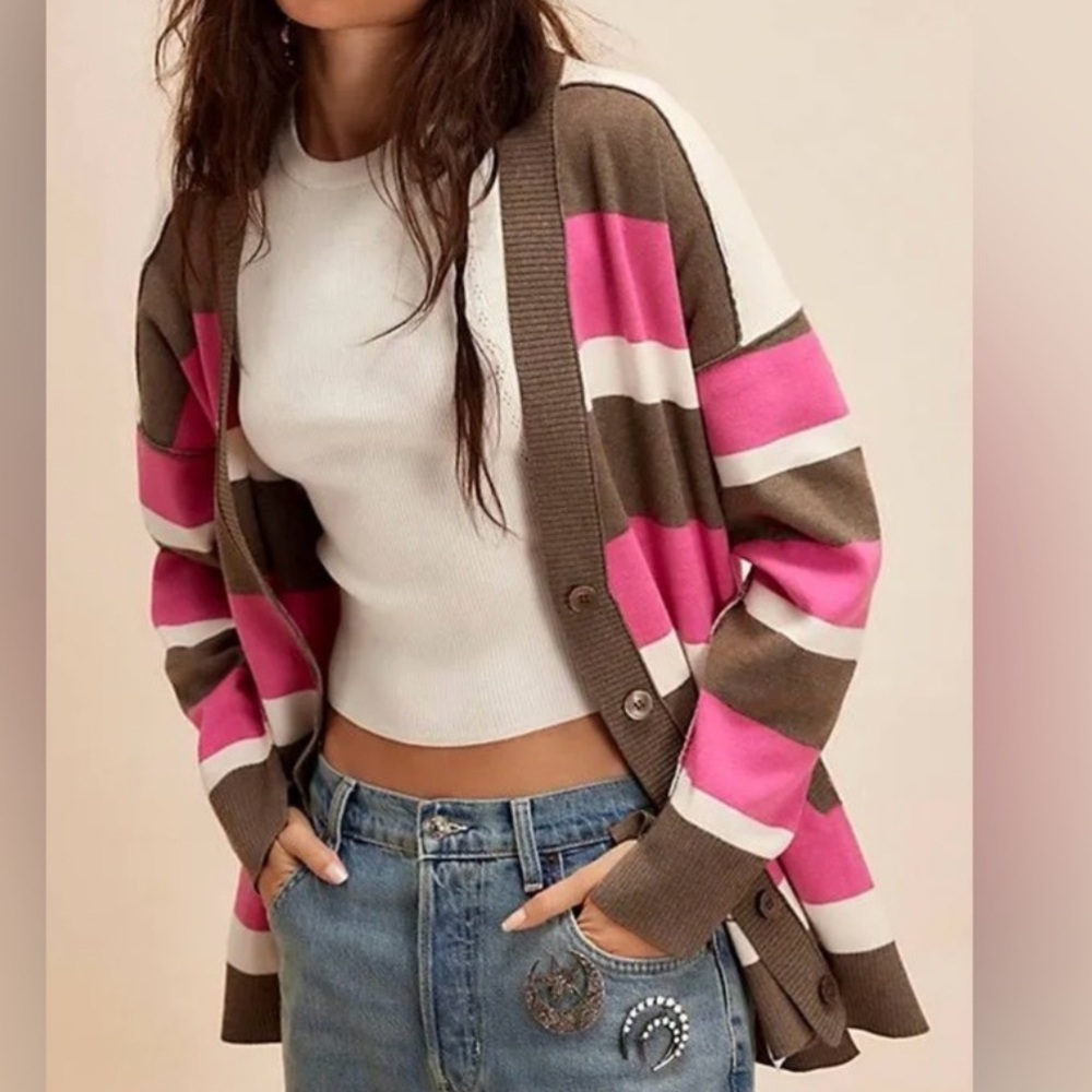 Free People A League of Her Own Striped Cardigan Sweater Pink Brown Small